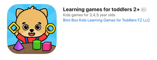 A screenshot from the app store site of "Learning games for toddlers 2+"